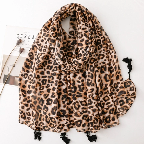 Écharpe Châle Imprimé Léopard Polyester Voile Léger Avec Glands Doux Protection Solaire Longue Pour Femme