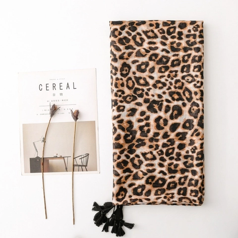 Écharpe Châle Imprimé Léopard Polyester Voile Léger Avec Glands Doux Protection Solaire Longue Pour Femme