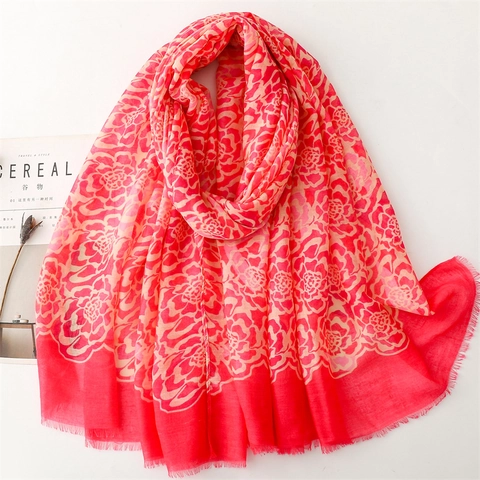 Écharpe Femme Motif Rose Fleur Léger Polyester Voile Châle Bord Effiloché Protection Solaire Plage Doux