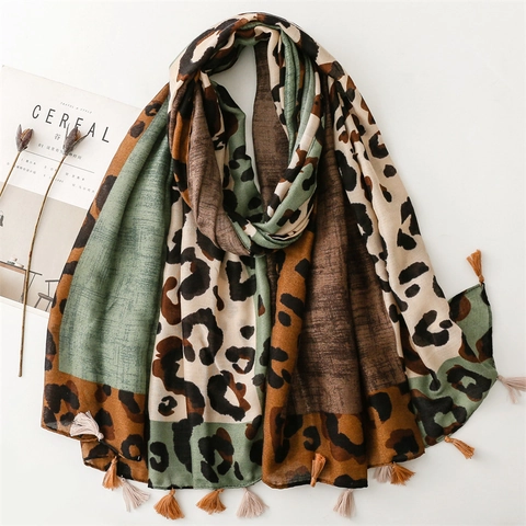 Écharpe Châle Imprimé Léopard Bloc De Couleur Polyester Franges Rétro Femmes