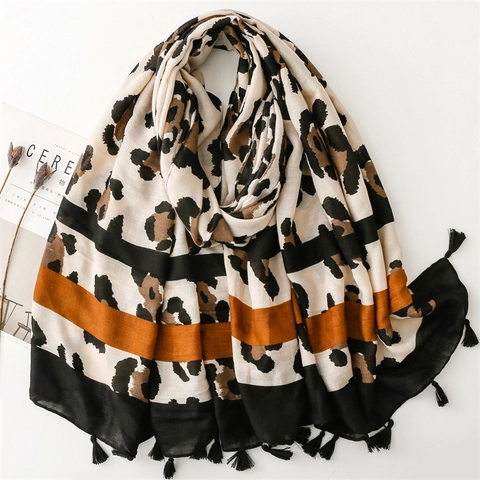 Vintage Leopardenmuster Schal Für Damen Groß Polyester Satin Quaste Tuch Warm Farbblock Streifen Wraps Mode Accessoires