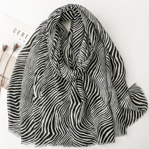 Zebra Print Long Scarf Shawl Polyester Lightweight Sun Protection Travel Beach Wrap For Women With Frayed Edges