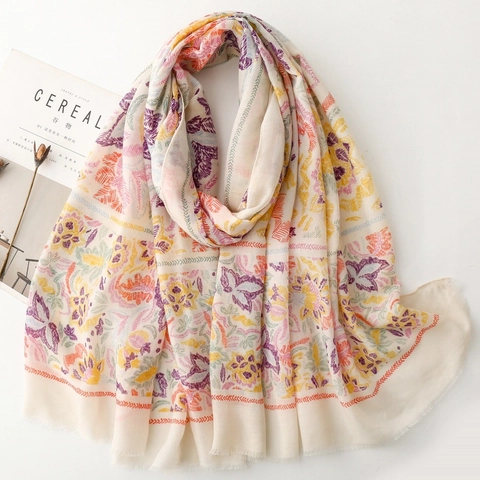 Écharpe Femme Imprimé Fleuri Châle Léger En Coton Satiné Et Polyester Protection Solaire Plage Bords Effilochés Long