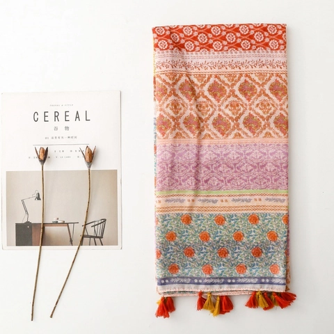 Bohemian Ethnic Style Floral Print Scarf Shawl Polyester Voile Multicolored Tassel Wrap Women Sun Protection Soft