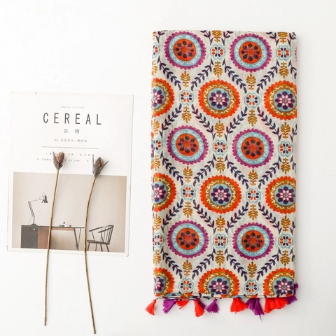 Dames Boheems Etnisch Bloemenprint Sjaal Polyester Kwastjes Omslagdoek Lichtgewicht Zonbescherming Reis Vakantie Strand