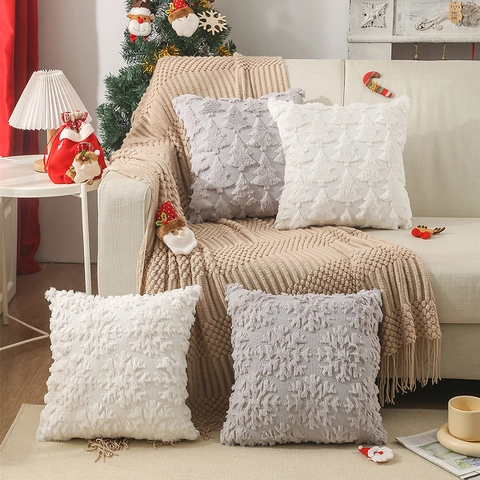 Funda De Cojín De Navidad Peluche PV Bordado Patrón De Copo De Nieve Decoración Sofá Hogar Invierno Nórdico