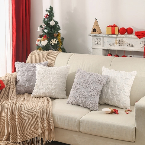 Funda De Cojín De Navidad Peluche PV Bordado Patrón De Copo De Nieve Decoración Sofá Hogar Invierno Nórdico