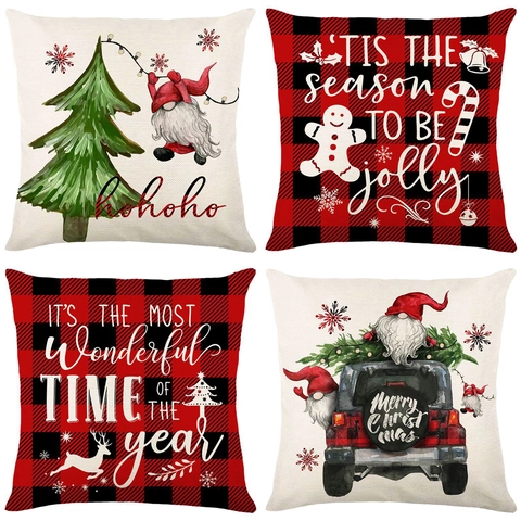 Kerst Kussenslopen Rood Zwart Geruit Polyester Feestelijke Woondecoratie Bank Kussenhoes Kabouter Rendier Sneeuwvlokken