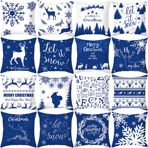 Blau Weiß Weihnachten Schneeflocke Rentier Druck Pfirsichhaut Kissenbezug Für Sofa Wohnzimmer Festliche Deko Kissenhülle