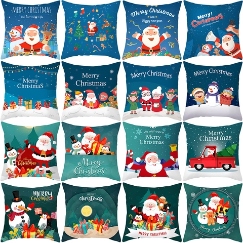 Christmas Cushion Cover Peach Skin Polyester Cartoon Santa Snowman Reindeer Print Decorative Pillowcase Sofa Home Decor