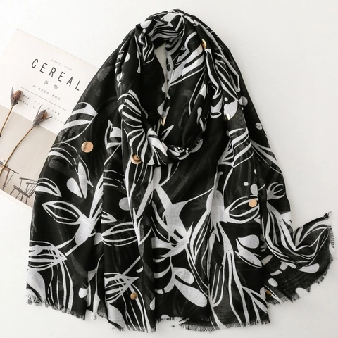 Écharpe Longue Pour Femmes Châle Polyester Voile Point Feuille Dorée Impression Frange Solaire Chaud Léger Élégant
