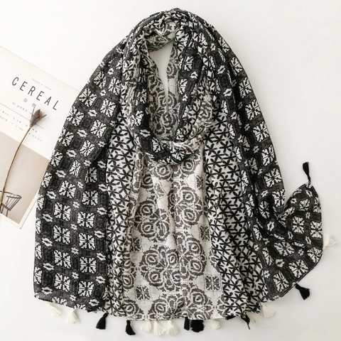 Boho Geometric Print Long Scarf Shawl Cotton Polyester Blend Tassel Fringe Ethnic Lightweight Sun Protection For Women