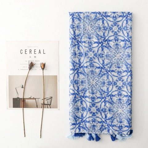 Écharpe Châle Femme Bohème Imprimé Floral Porcelaine Bleu Blanc Polyester Léger Gland Pashmina
