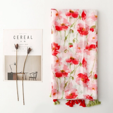 Dames Voile Sjaal Met Bloemenprint En Kwastjes Zacht Polyester Papaver Bloem Zonbescherming Strand Omslagdoek Lichtgewicht Sjaal