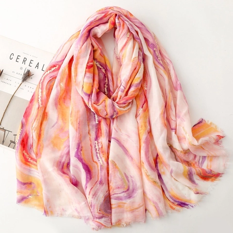 Leichter Damen Schal Stola Polyester Marmor Druck Goldfolie Stempelung Elegant Künstlerisch Fransenrand Weich