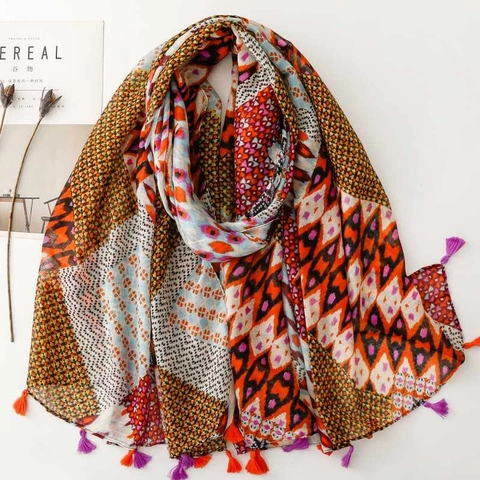 Boheemse Geometrische Sjaal Omslagdoek Voile Polyester Diamantprint Kwastje Zonbescherming Lichtgewicht Strand Voor Dames