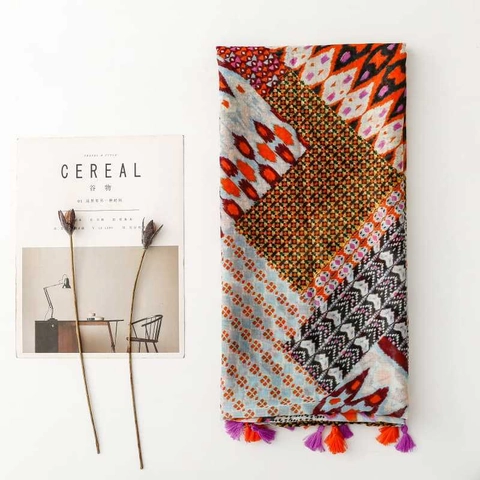 Boheemse Geometrische Sjaal Omslagdoek Voile Polyester Diamantprint Kwastje Zonbescherming Lichtgewicht Strand Voor Dames