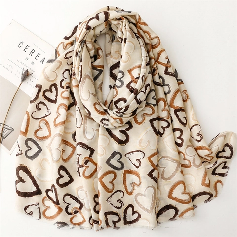 Écharpe Châle Femme Imprimé Cœur Bronzage Feuille D'or Mélange Coton Polyester Léger Respirant Bord Brut