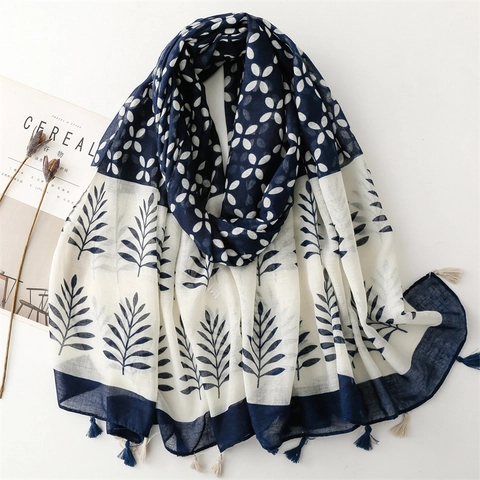 Floral Print Scarf Lightweight Breathable Shawl Wrap With Tassels Ethnic Style Blue White Sun Protection For Women