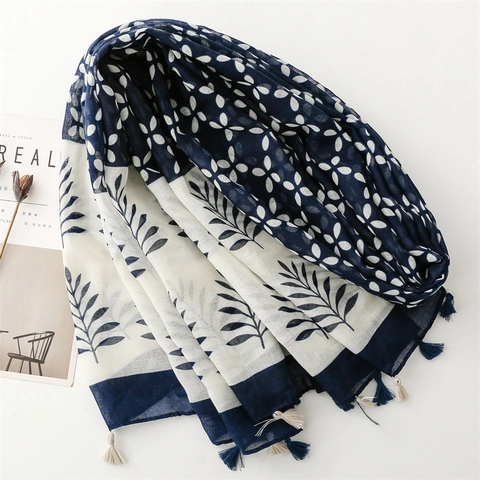Floral Print Scarf Lightweight Breathable Shawl Wrap With Tassels Ethnic Style Blue White Sun Protection For Women