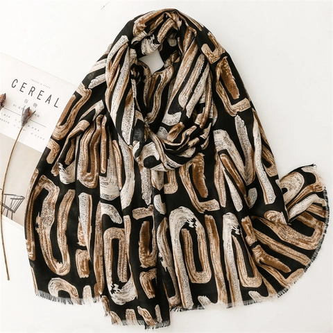 Long Scarf Shawl Polyester Cotton Feel Abstract Print Artistic Brushstroke Pattern Tasseled Edges Soft Elegant Unisex