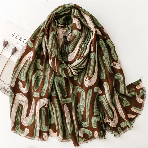 Long Scarf Shawl Polyester Cotton Feel Abstract Print Artistic Brushstroke Pattern Tasseled Edges Soft Elegant Unisex