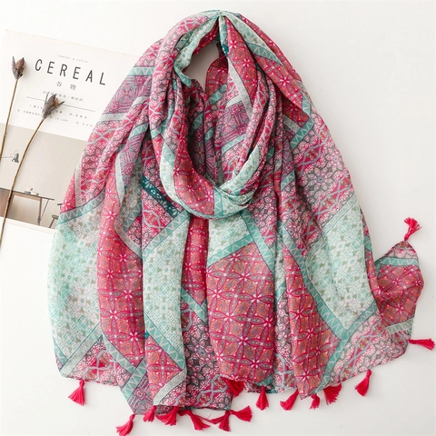 Écharpe Châle Imprimé Géométrique Bohème Léger Polyester Voile Gland Protection Solaire Wrap De Plage Pour Femmes