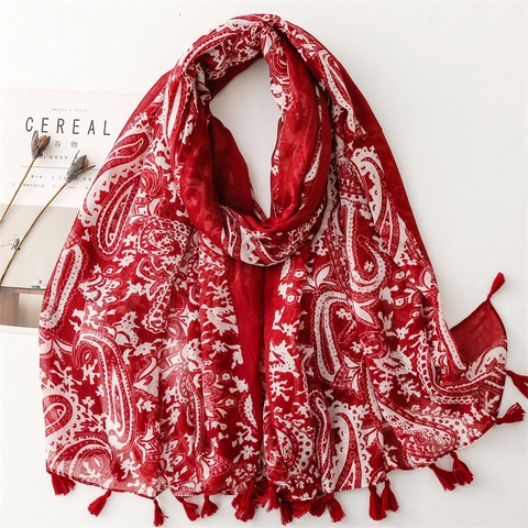 Paisley Scarf Shawl Bohemian Style Tassels Soft Lightweight Polyester Balinese Yarn Sun Protection Wrap For Women