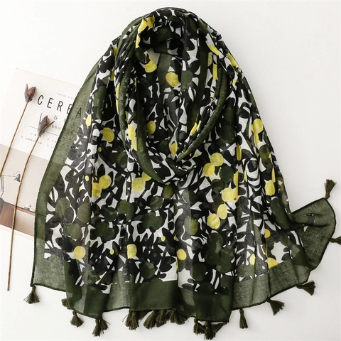 Scarf Women Cotton Linen Feel Bali Yarn Tassel Abstract Print Sunscreen Shawl Ethnic Style Green Polka Dot