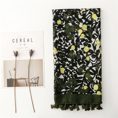 Scarf Women Cotton Linen Feel Bali Yarn Tassel Abstract Print Sunscreen Shawl Ethnic Style Green Polka Dot