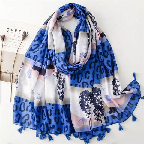 Polyester Voile Scarf Women Safari Animal Silhouette Giraffe Leopard Print Tassel Shawl Wrap Thin Sun Protection