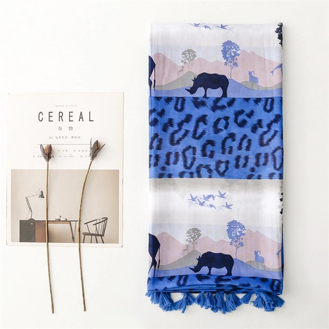 Polyester Voile Scarf Women Safari Animal Silhouette Giraffe Leopard Print Tassel Shawl Wrap Thin Sun Protection