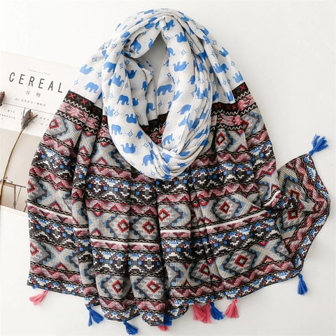 Bohemian Elephant Geometric Print Scarf Shawl Polyester Tassel Wrap For Women Travel Beach Lightweight