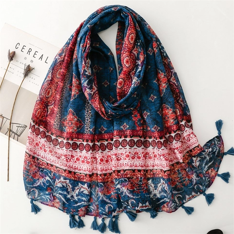 Bohemian Ethnic Print Scarf Tassel Lightweight Polyester Bali Yarn Retro Geometric Floral Shawl For Women