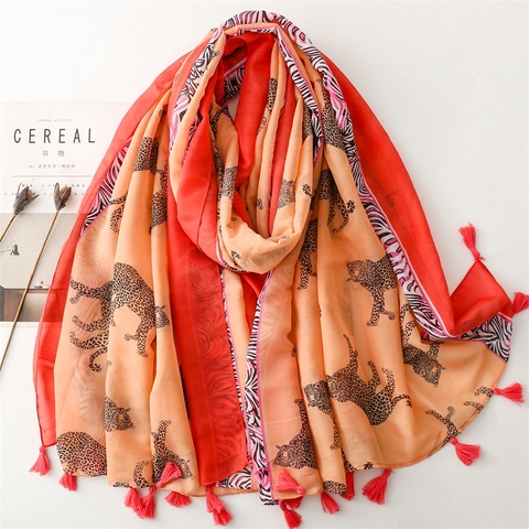 Leopard Print Scarf Shawl For Women Lightweight Polyester Voile Wrap With Tassel Fringe Sun Protection Holiday Style