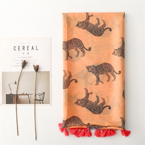 Leopard Print Scarf Shawl For Women Lightweight Polyester Voile Wrap With Tassel Fringe Sun Protection Holiday Style