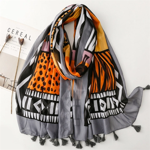 Women Scarf Polyester Voile Shawl Tassels Animal Leopard Elephant Print Ethnic Bohemian Beach Sun Protection Wrap