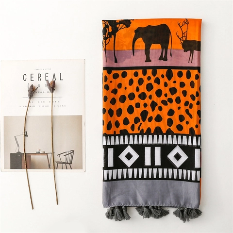 Women Scarf Polyester Voile Shawl Tassels Animal Leopard Elephant Print Ethnic Bohemian Beach Sun Protection Wrap