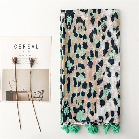 Women Leopard Print Scarf Shawl Lightweight Polyester Voile Breathable Fashion Mint Green Tassels Accessory Spring Summer
