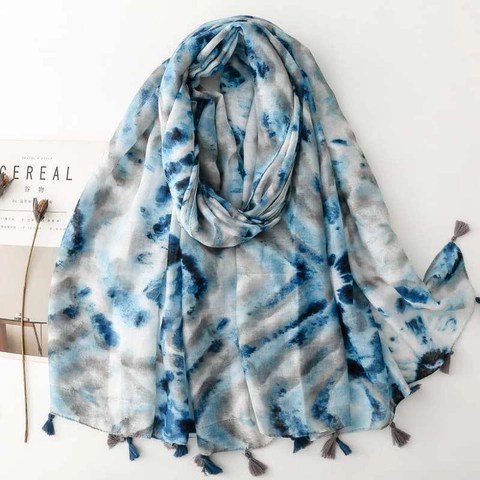 Écharpe Tie Dye Pour Femmes Châle Léger En Polyester Avec Glands Artistique Bleu Gris Protection Solaire Accessoire De Vacances À La Plage