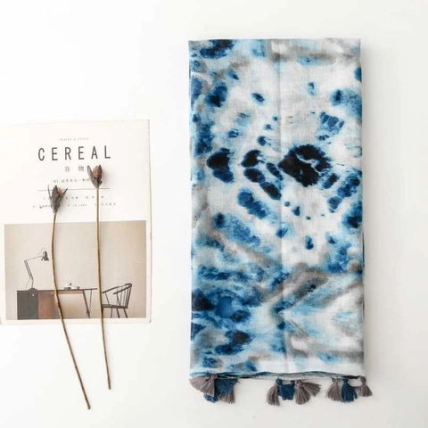 Écharpe Tie Dye Pour Femmes Châle Léger En Polyester Avec Glands Artistique Bleu Gris Protection Solaire Accessoire De Vacances À La Plage