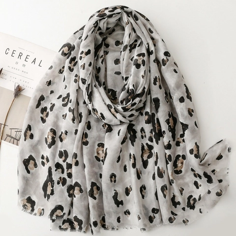 Écharpe Imprimé Léopard Femme Élégant Effet Coton Satiné Châle Bord Effiloché Pare-Soleil Motif Animal Écharpe Longue Accessoire
