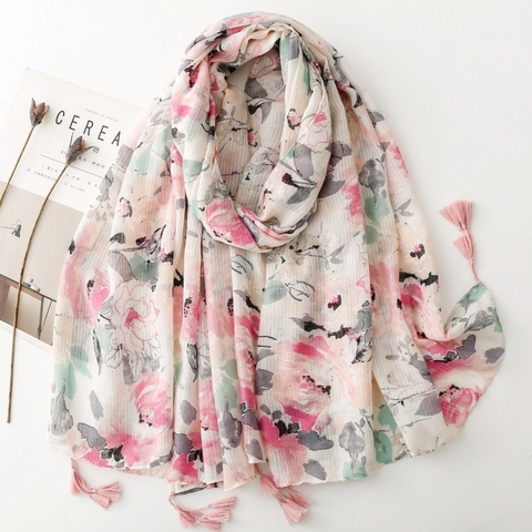 Elegante Schal Mit Blumen Und Vogel Print Retro National Stil Quasten Stola Leichtes Silberstreifen Polyester Slub Garn
