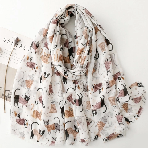 Écharpe Longue Châle Imprimé Chat Dessin Animé Mignon Satin De Polyester Motif Flocon De Neige Protection Solaire Léger Pour Femmes