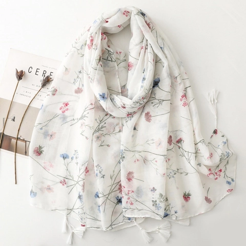 Damen Langer Voile Schal Blumenmuster Leicht Sonnenschutz Quasten Stola Tuch Frühling Sommer Frischer Stil