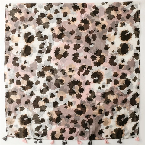 Sciarpa Donna Stampa Leopardata Scialle Leggero Poliestere Voile Astratto Moda Foulard Con Nappe Elegante Accessorio Sole