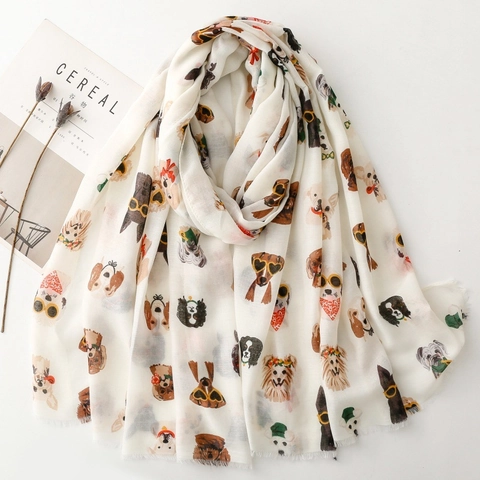 Cartoon Dog Print Scarf Sunglasses Puppy Pattern Lightweight Sun Protection Shawl Tassel Fringe Polyester Breathable Wrap