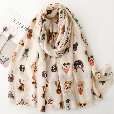 Cartoon Dog Print Scarf Sunglasses Puppy Pattern Lightweight Sun Protection Shawl Tassel Fringe Polyester Breathable Wrap