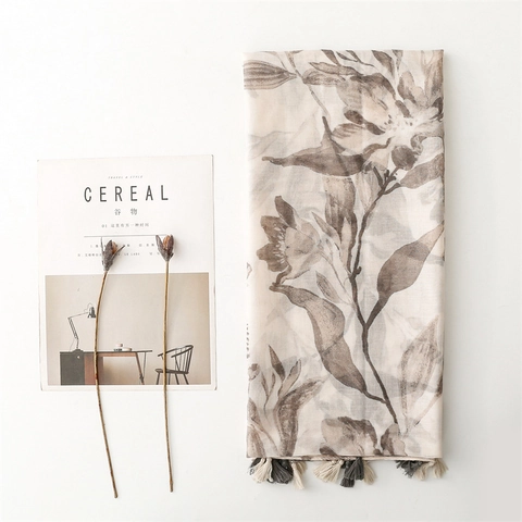 Bufanda Con Estampado Floral Voile De Poliéster Tacto Algodón Lino Borla Fina Ligera Protección Solar Chal Para Mujeres