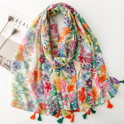 Floral Leopard Print Voile Scarf Shawl Polyester Lightweight Tassel Sun Protection Wrap Travel Beach Accessory For Women